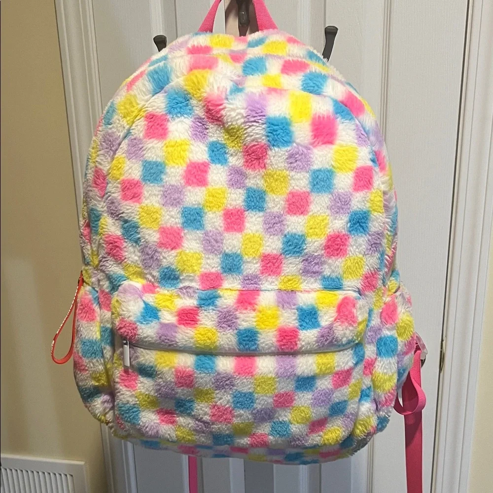 Claire's Fuzzy Multicolor Checkered Backpack - Picture 5 of 6